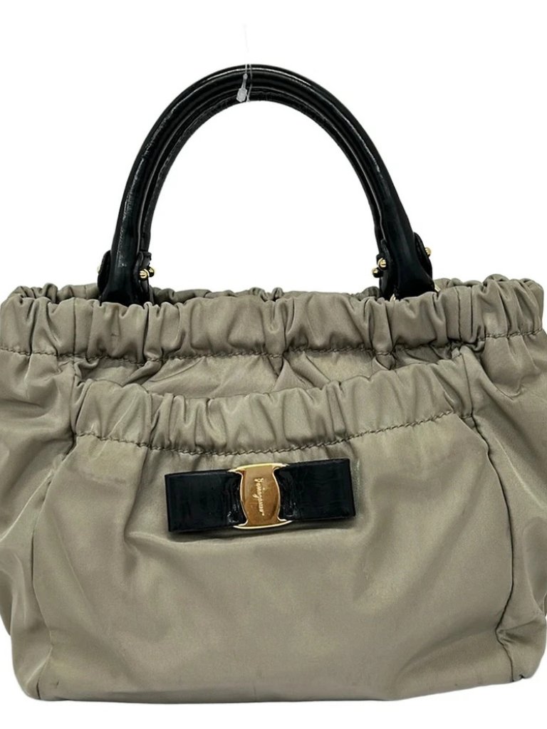 Salvatore Ferragamo Vara Gray Beige Black Nylon Patent Leather Handbag